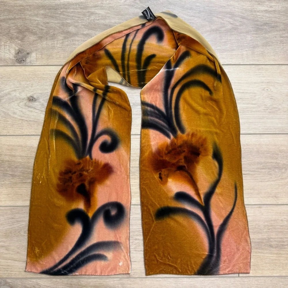 Vintage Hand Painted Silk Velvet Scarf Art to Wear Artsy Scandi Lagenlook